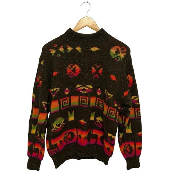 United Colors of Benetton Aztec Sweater Size S Brown Made In Italy Knit Wool - Picture 2 of 4